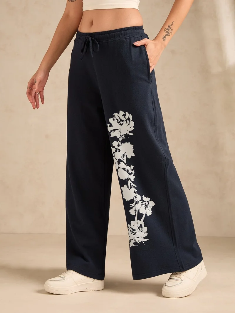 Outzidr  Navy Blue Cuffed Jogger With Side Graphic Print for Women | Best Price UAE